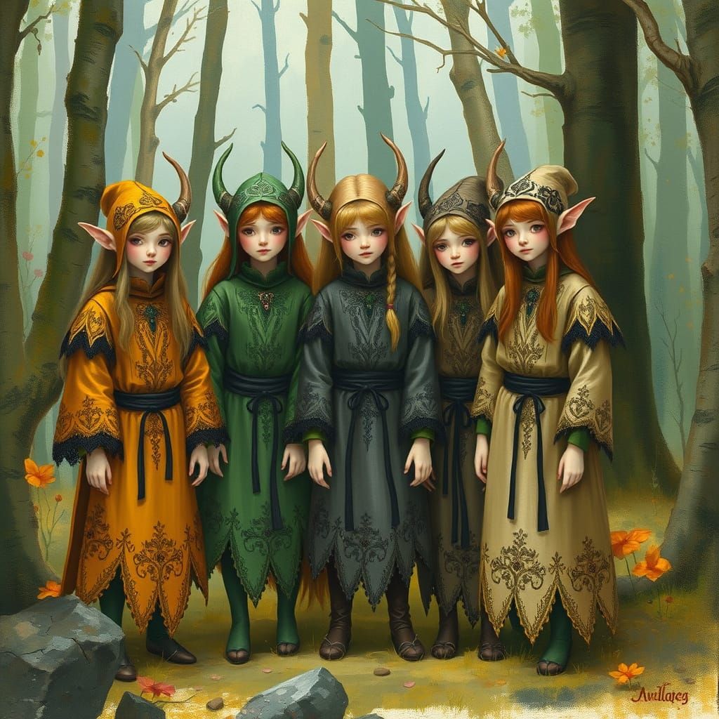 Elfin Folk in Whimsical Forest, Ethereal Art