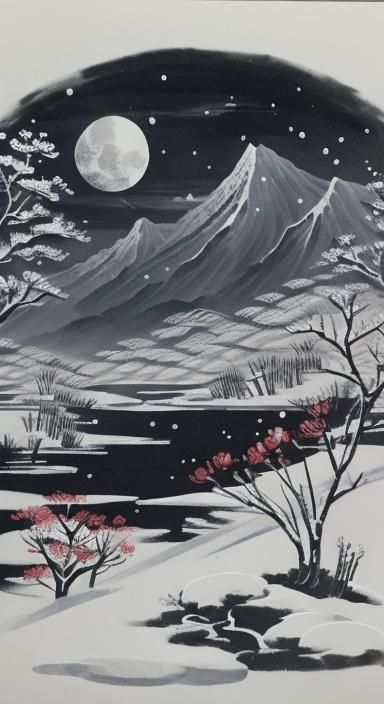 Chinese Ink Landscape with Wind, Flowers, and Snow