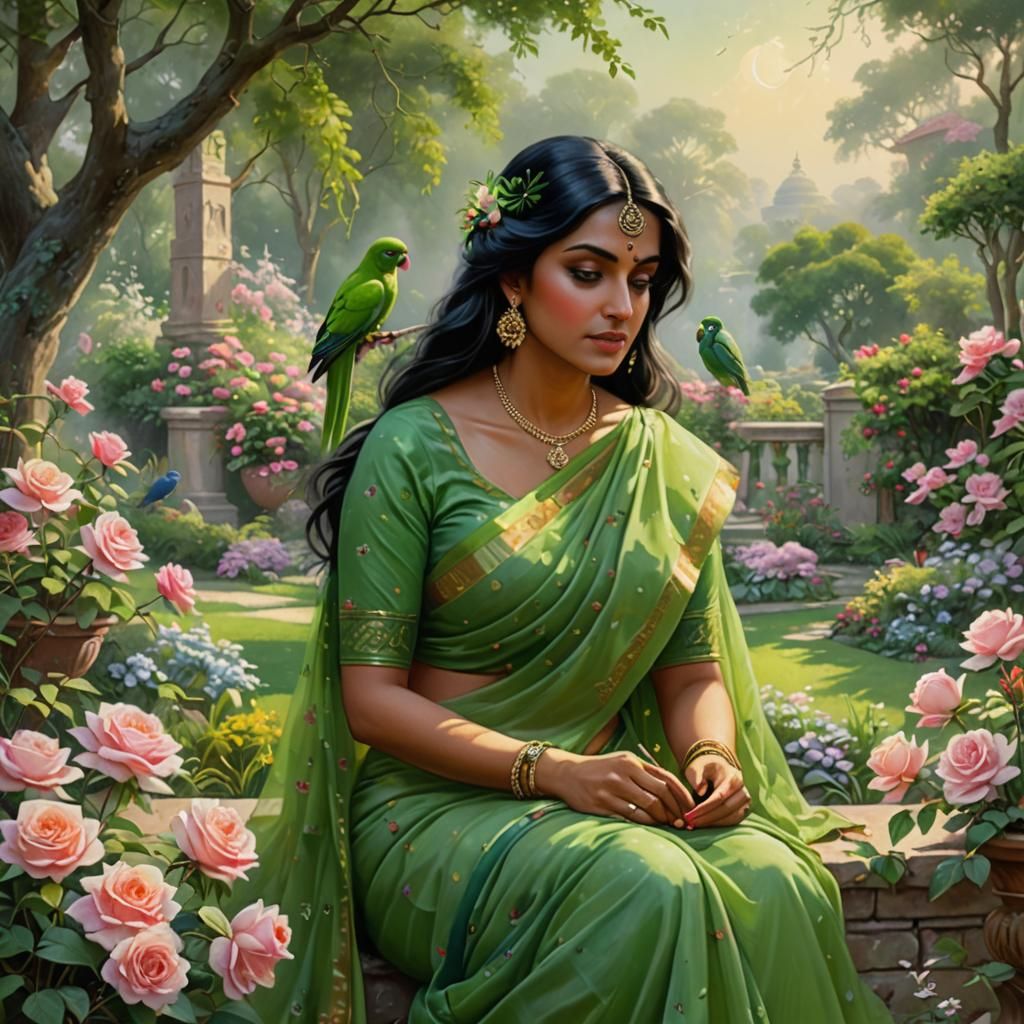 Indian Girl with Parakeet in Ethereal Garden