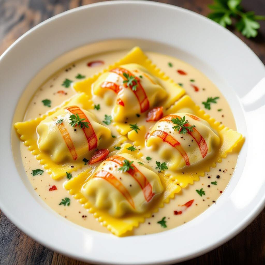Lobster Ravioli with Cream Sauce and Parsley