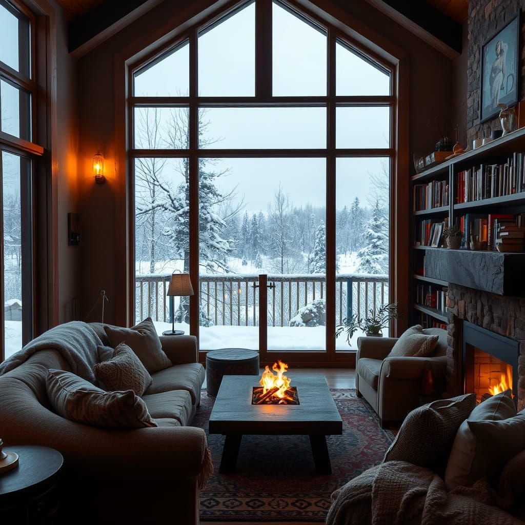 Cozy Winter Evening in a Rustic Living Room