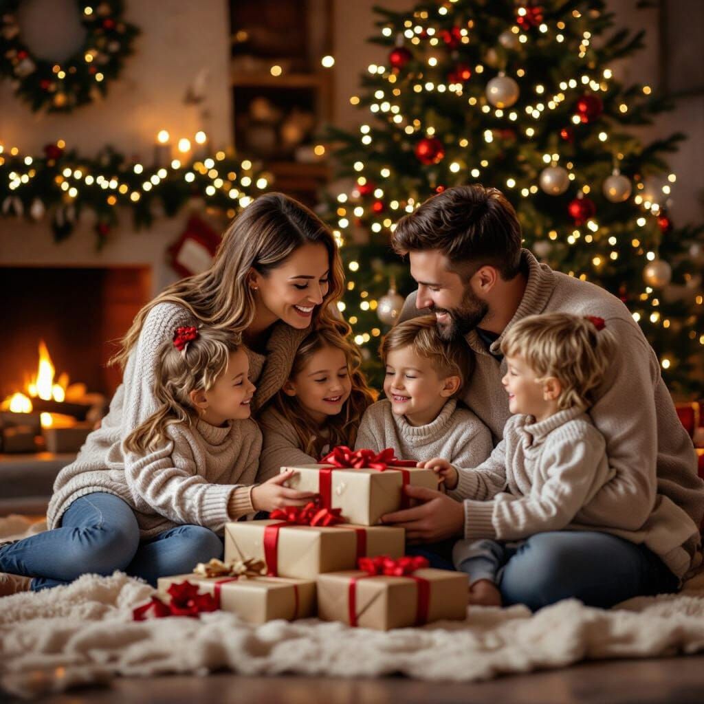 Happy Family Christmas Photo by Fireplace