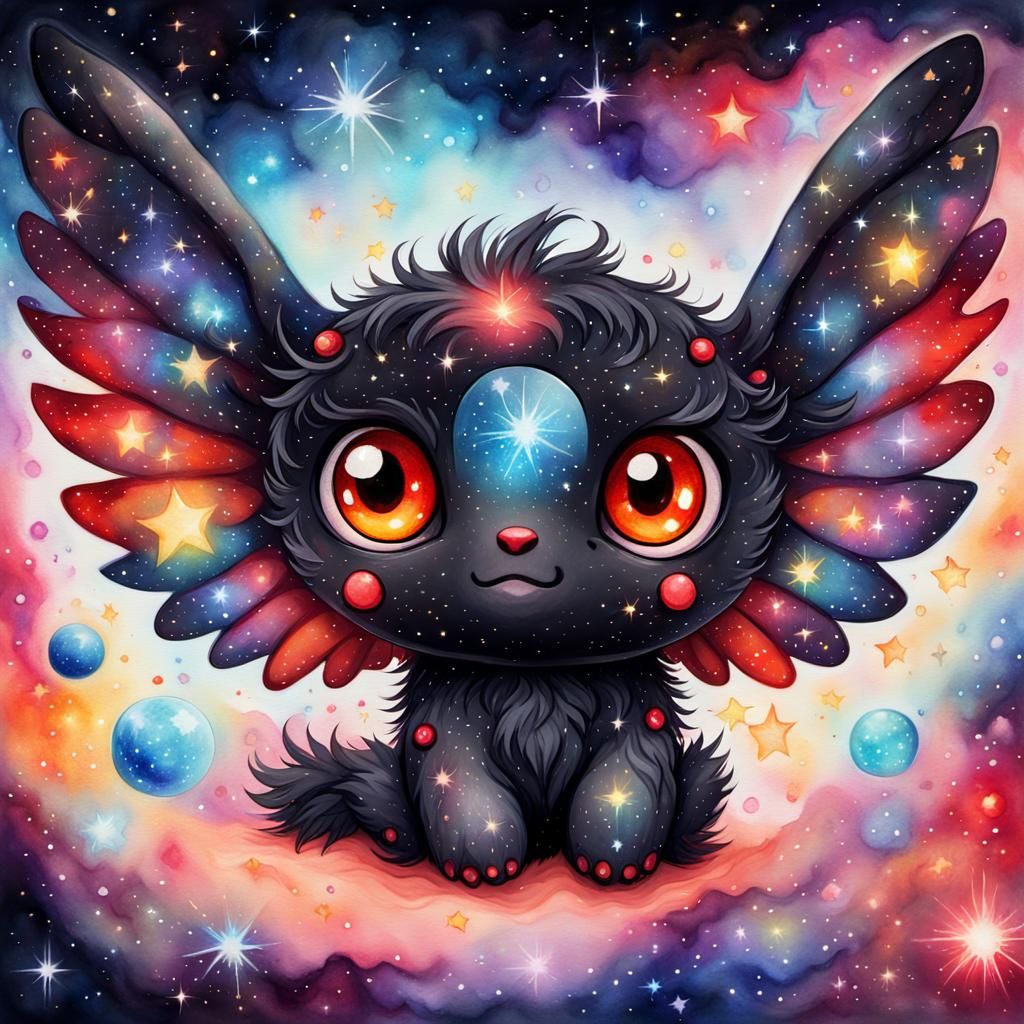 Adorable Chibi Mothman in Sparkling Nebula Watercolor