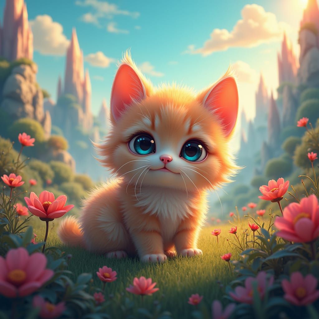 Adorable Cat in a Fantasy Landscape, 8k Matte Painting