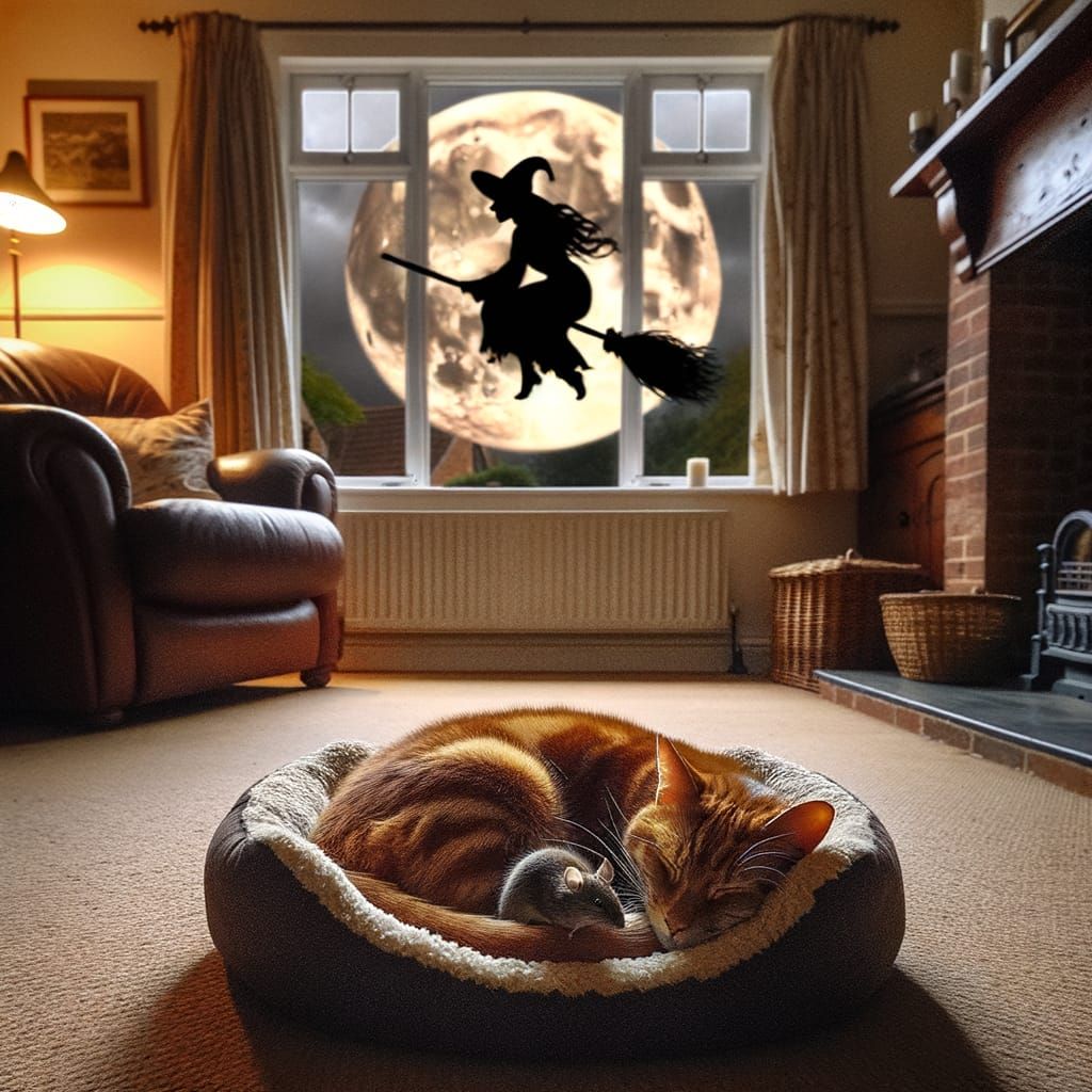 Ginger Cat and Mouse Under the Witch's Moon