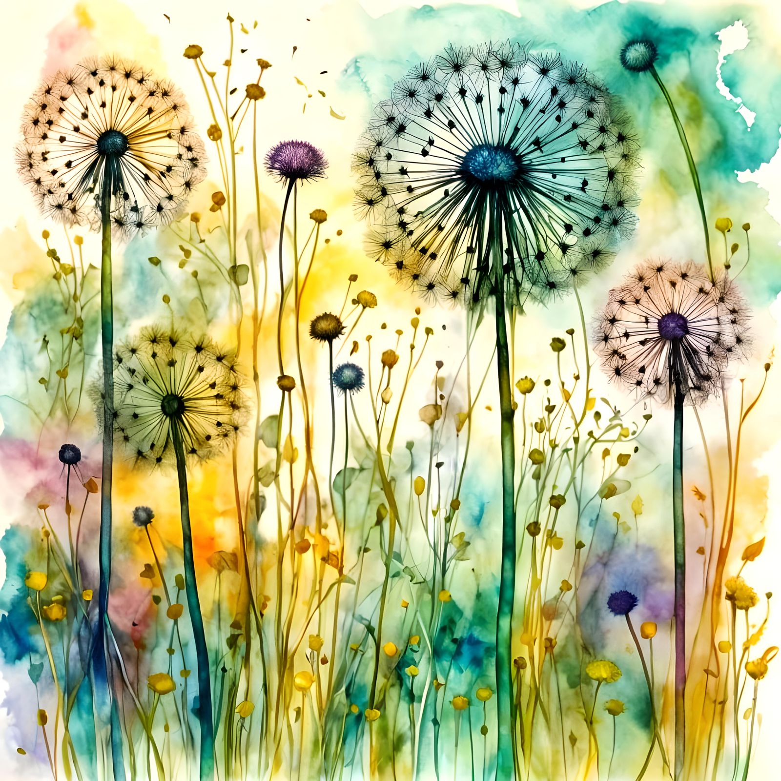Dandelions in Meadow as Watercolour Illustration