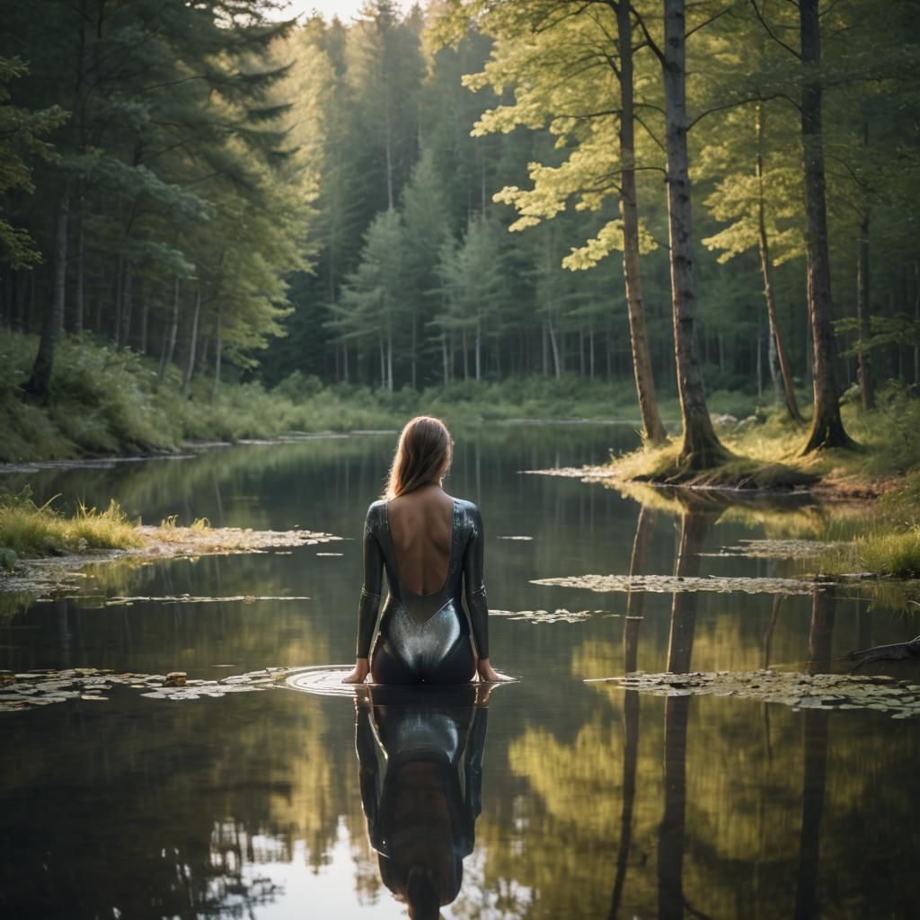 Woman in Lake: Scandinavian Forest Glade Photography