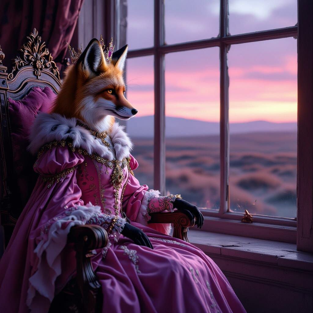 Queen Fox in Pink Regalia in Palace Throne Room