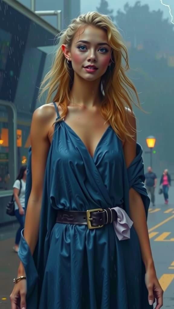 Bashful Blue-Skinned Elf Smiling in Rain