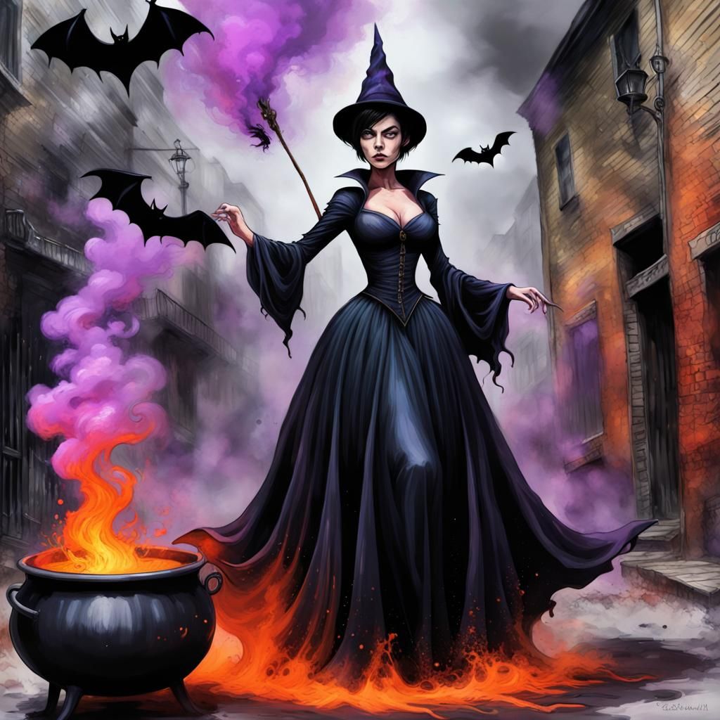 Curvy Dark-Haired Witch in Gothic Gown, Graffiti Art