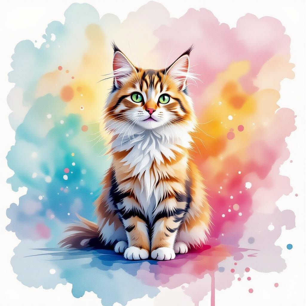 Curious Cat in Vibrant Watercolor Splash