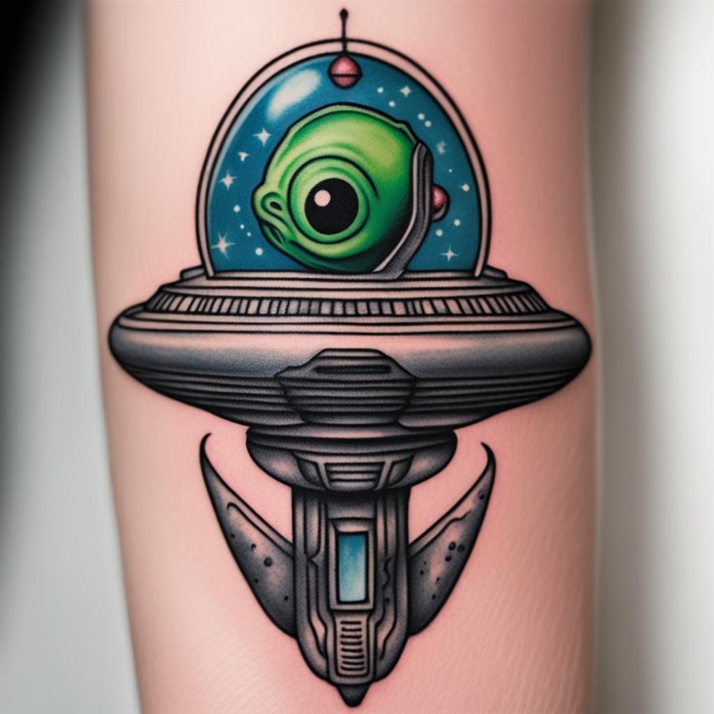 Miniature Alien Spaceship Tattoo Design