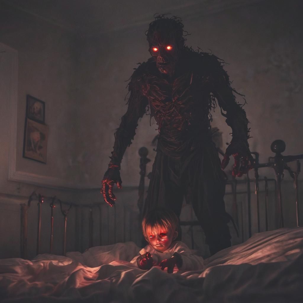 Ominous Figure Watching Sleeping Child: Dark Fantasy Art