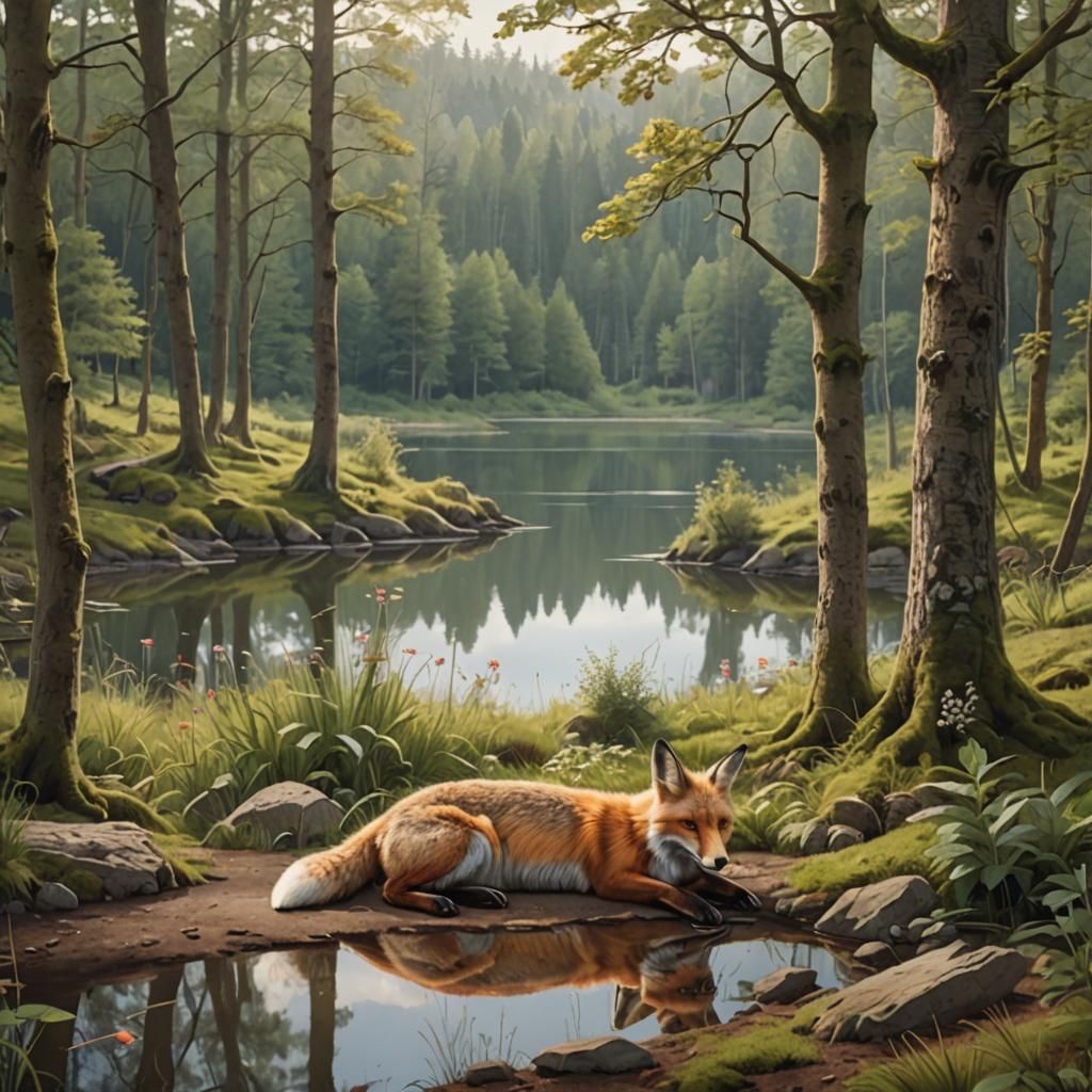 Fox and Rabbit Sleeping Peacefully in Forest