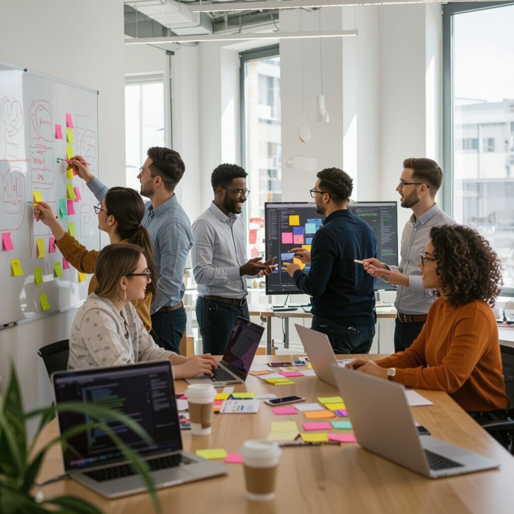Diverse Team Brainstorms in Sunlit Impressionistic Office