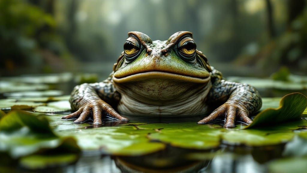 Elderly Frog's Regal Disposition in Muted Pond Landscape