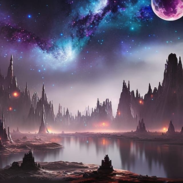 Glowing Moon and Stars in Fantasy Night Sky