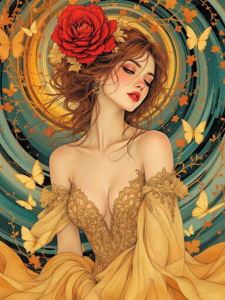 Dreamy Art Nouveau Beauty in a Whimsical Floral World