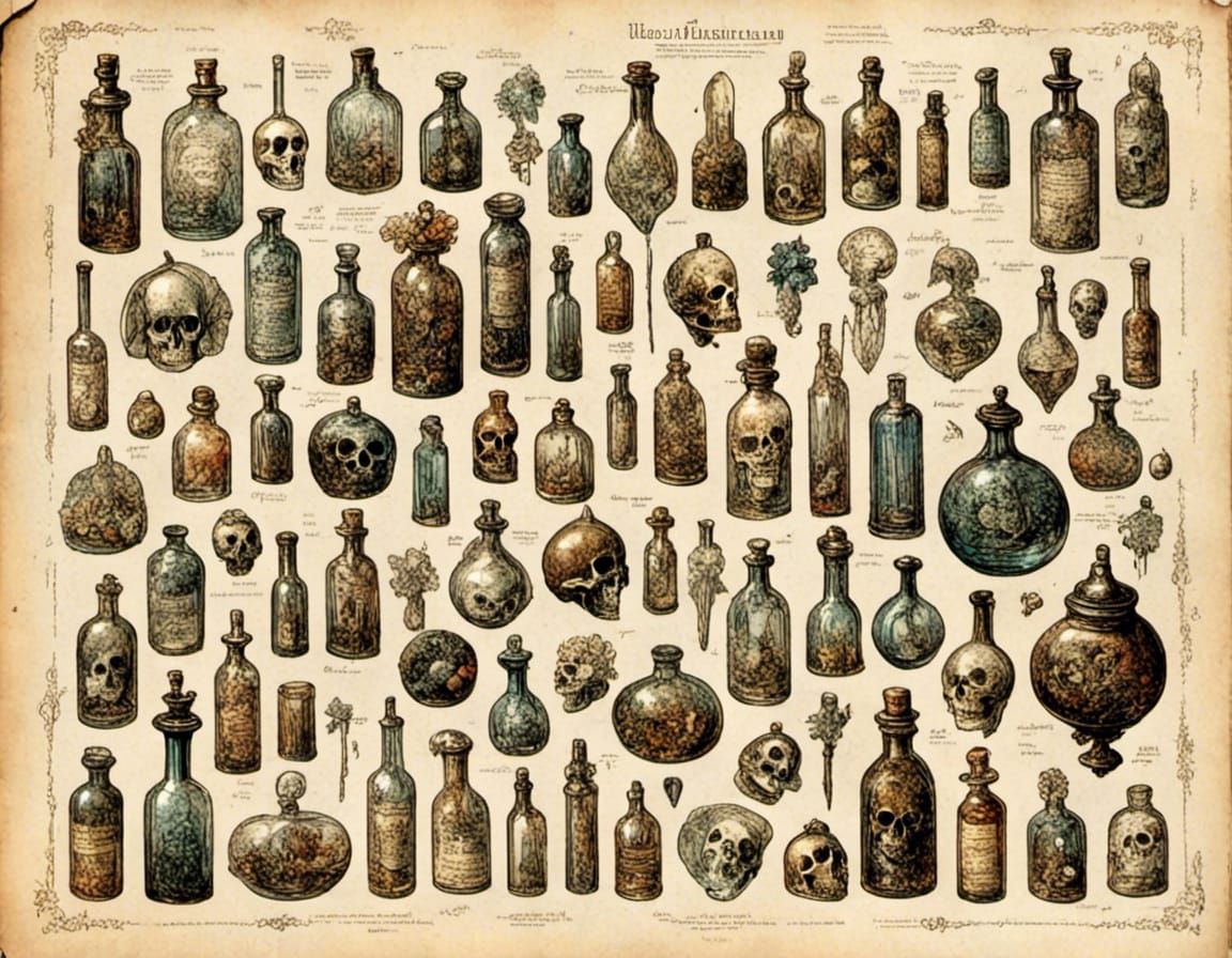 Vintage Bottles of Spooky Items in Ephemera Style