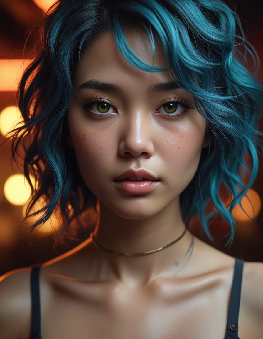Ethereal Asian Woman in Cyberpunk Bar