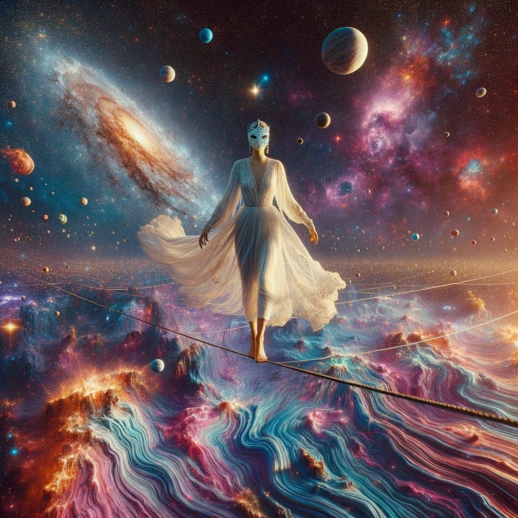 Mysterious Goddess Walks Tightrope Above Vibrant Cosmic Land...