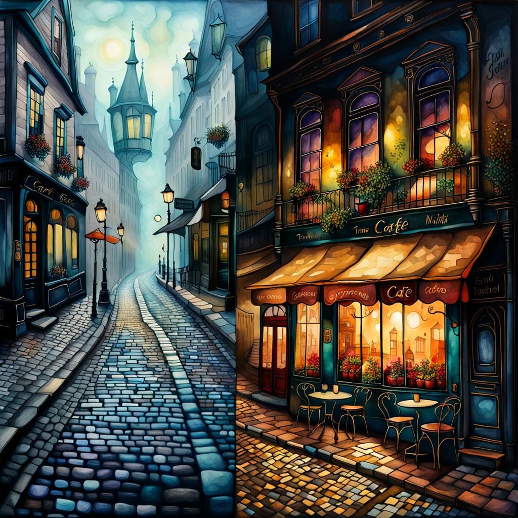 Victorian Streets and French Cafe in Alcohol Ink