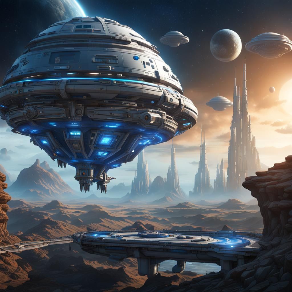 Spaceship with Blue Domes: Matte Painting Concept Art