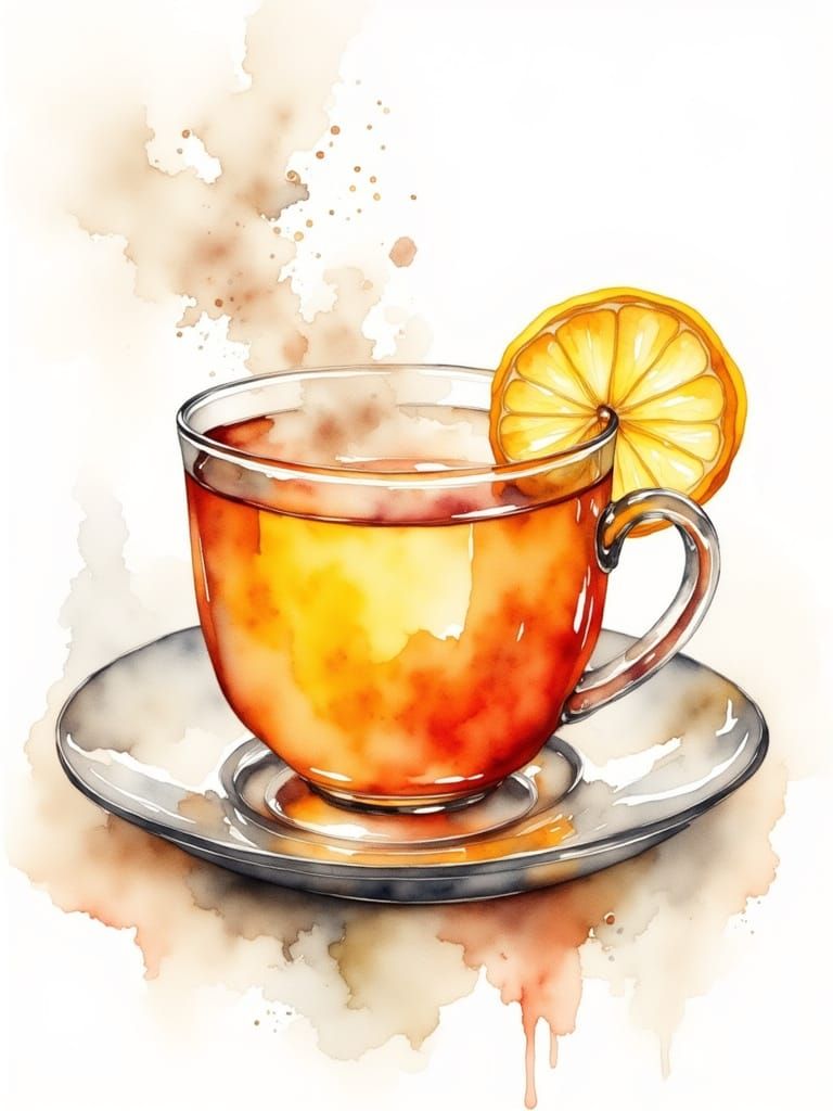 Vibrant Watercolor Still Life of Tea with Lemon