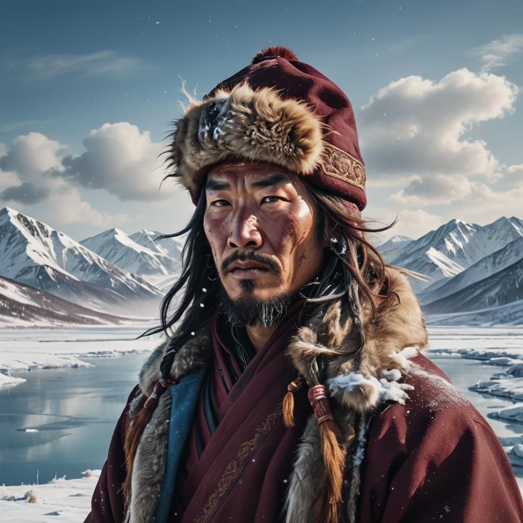 Mongolian Man in Winter Landscape, Splash Art