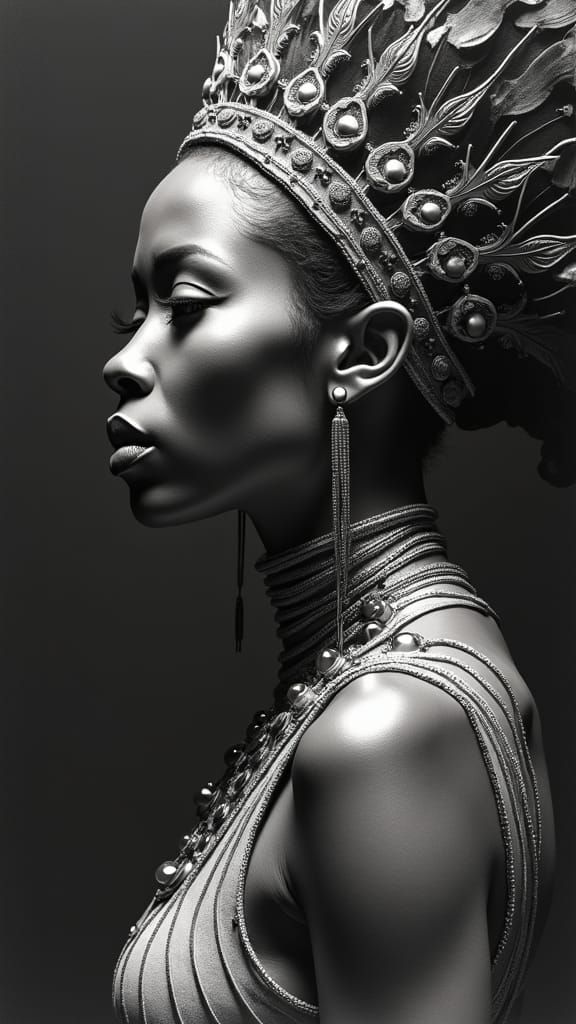 Futuristic African Queen in Charcoal and Ink