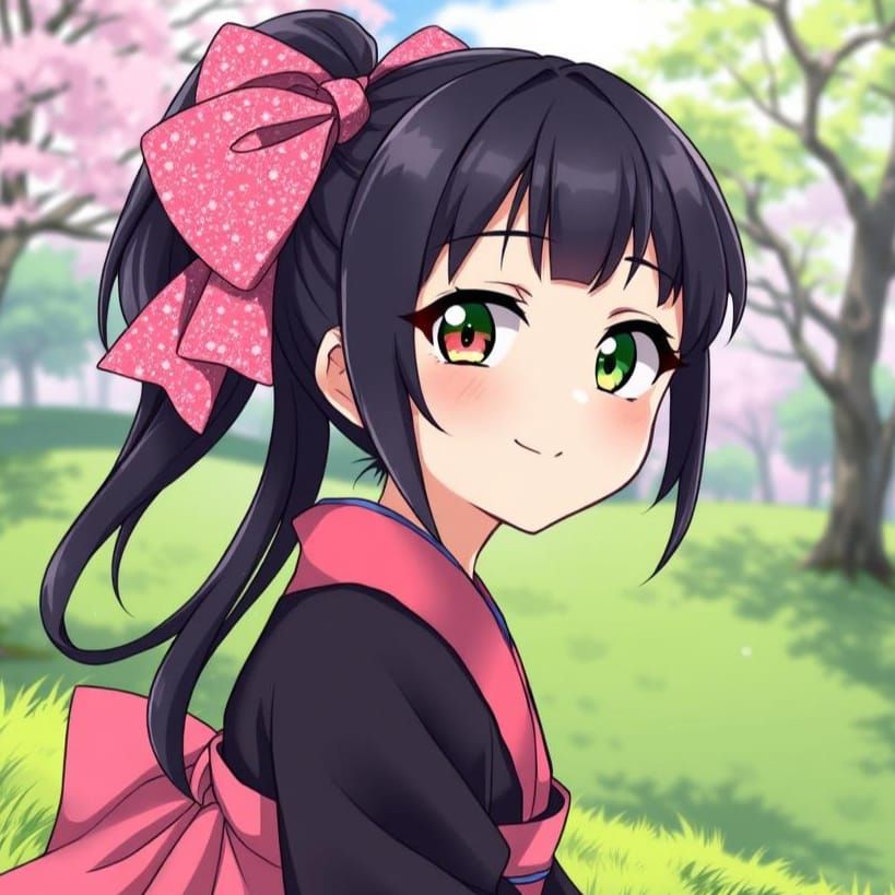Anime Woman in Kimono with Pink Hair Bow