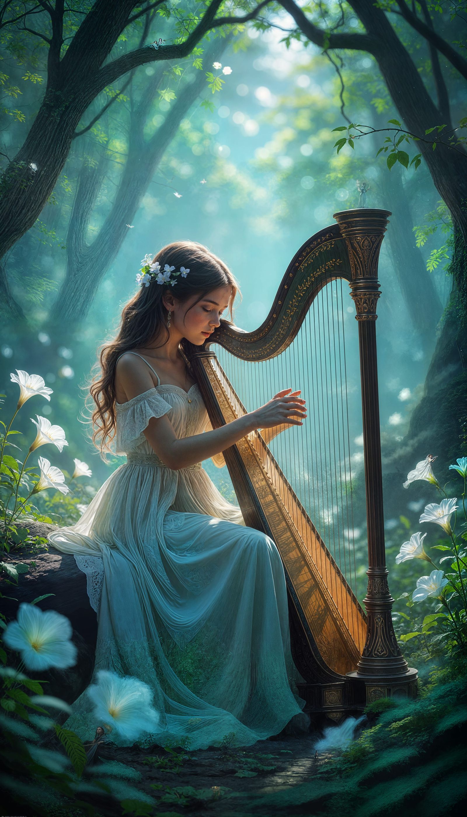 Ethereal Forest Girl Plays Harp, Blooming Magic