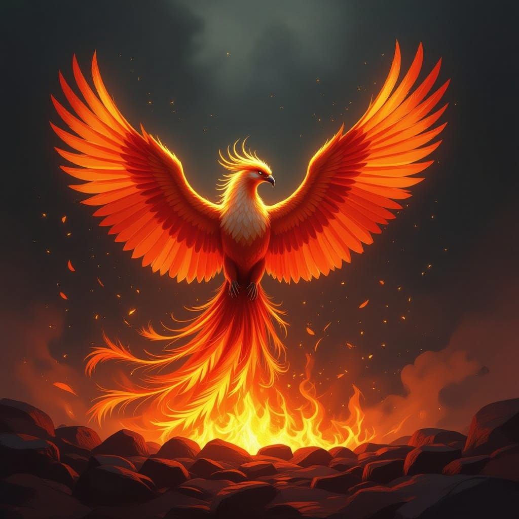 Majestic Phoenix Erupts from Embers in Digital Painting Styl...