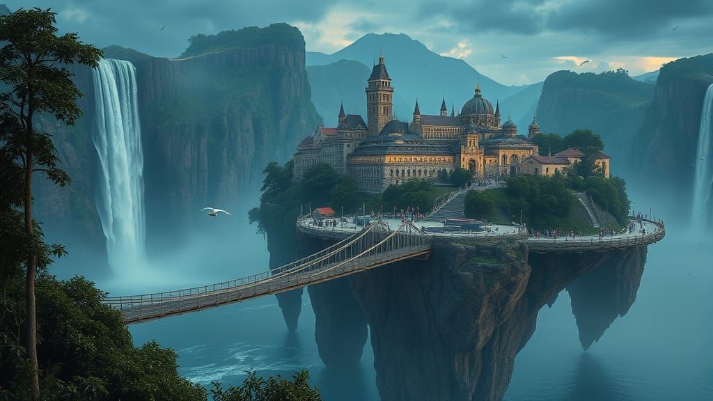 Medieval City on Floating Island with Waterfalls and Rope Br...