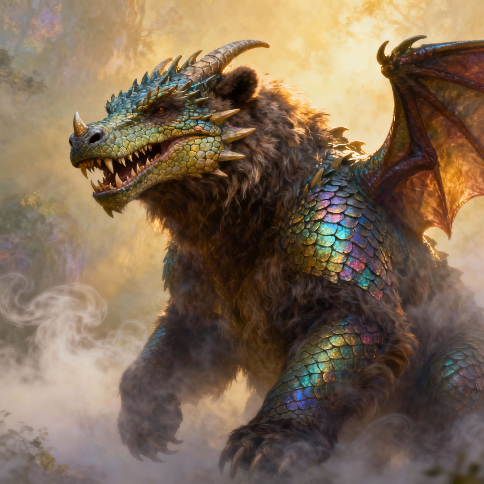 Draconic Bear Hybrid with Scaled Fur in Misty Fantasy