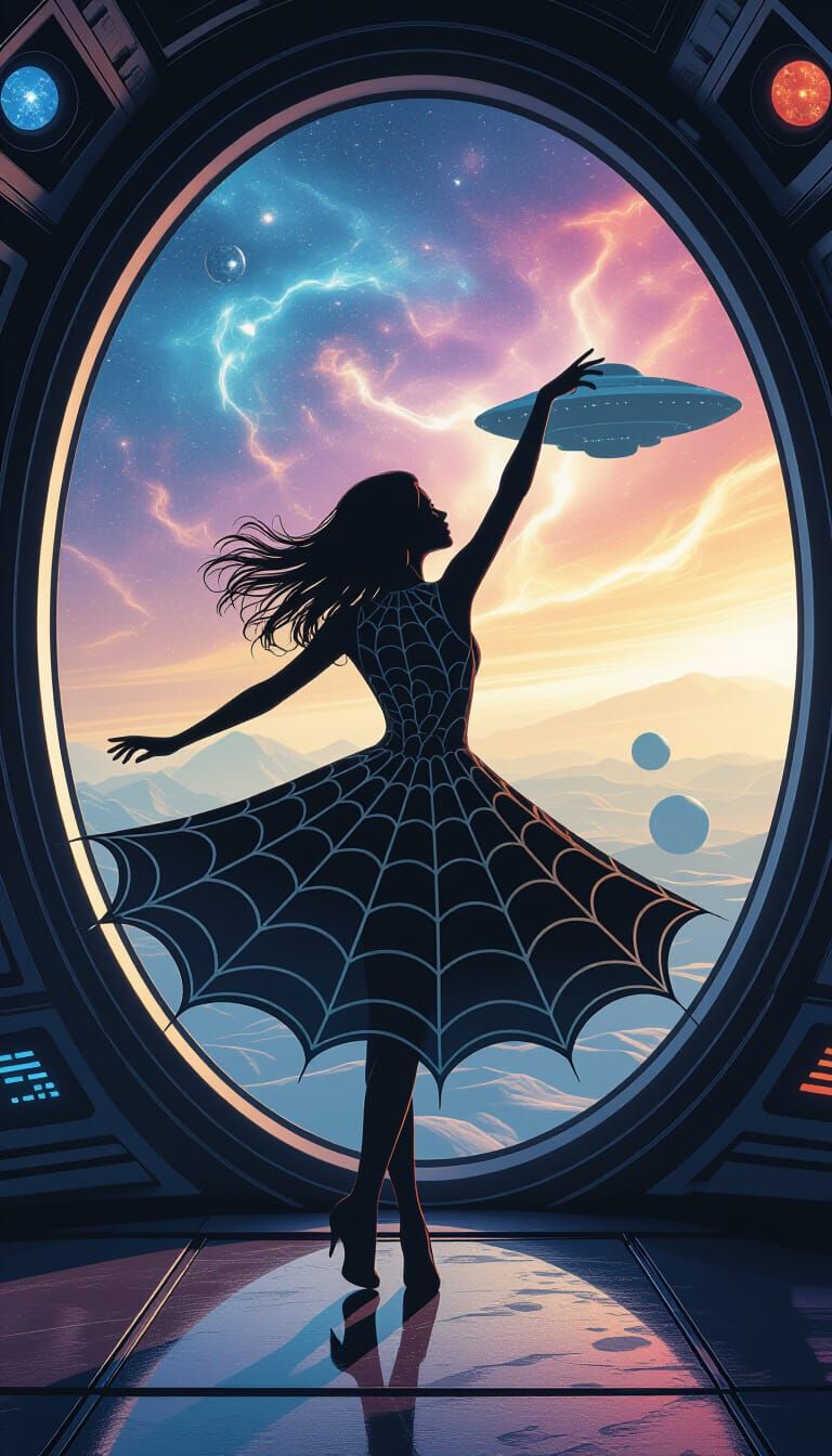 Girl in Spiderweb Dress Dances by Spaceship Window