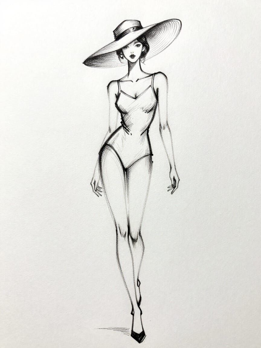 Minimalist Fashion Sketch of Woman in Hat