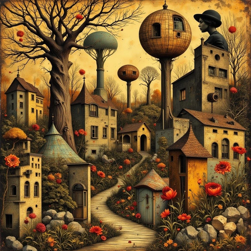 Art Nouveau Cityscape with Trees and Flowers