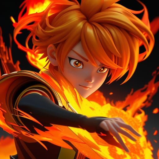 Vibrant Anime Art of Embracing Flames in a Warm Golden Light