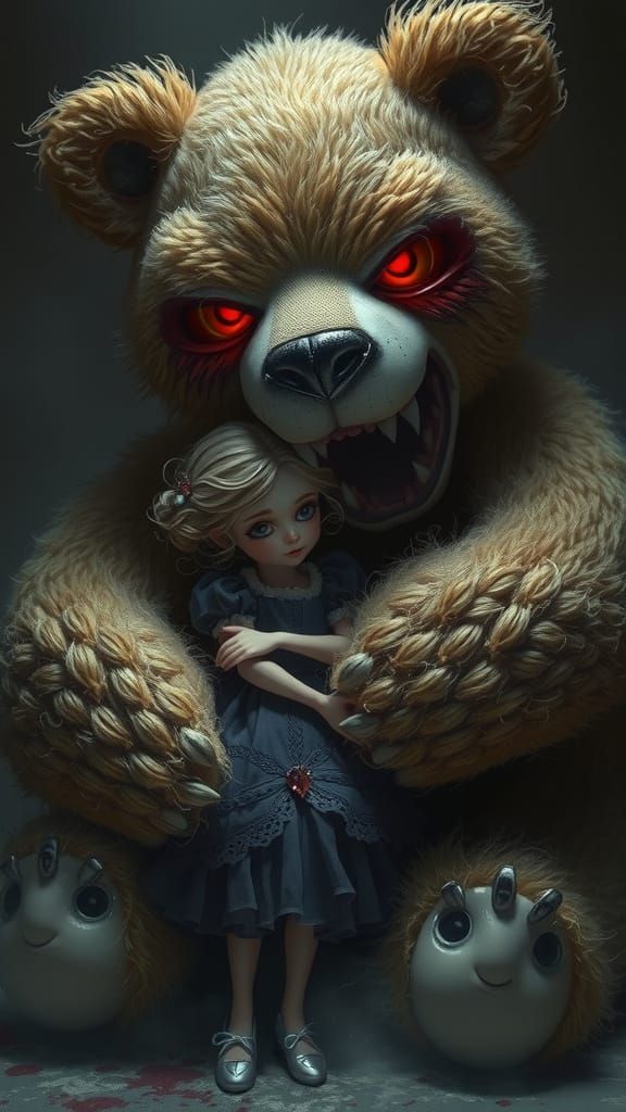 a little Female doll hugged by a giant evil teddy bear