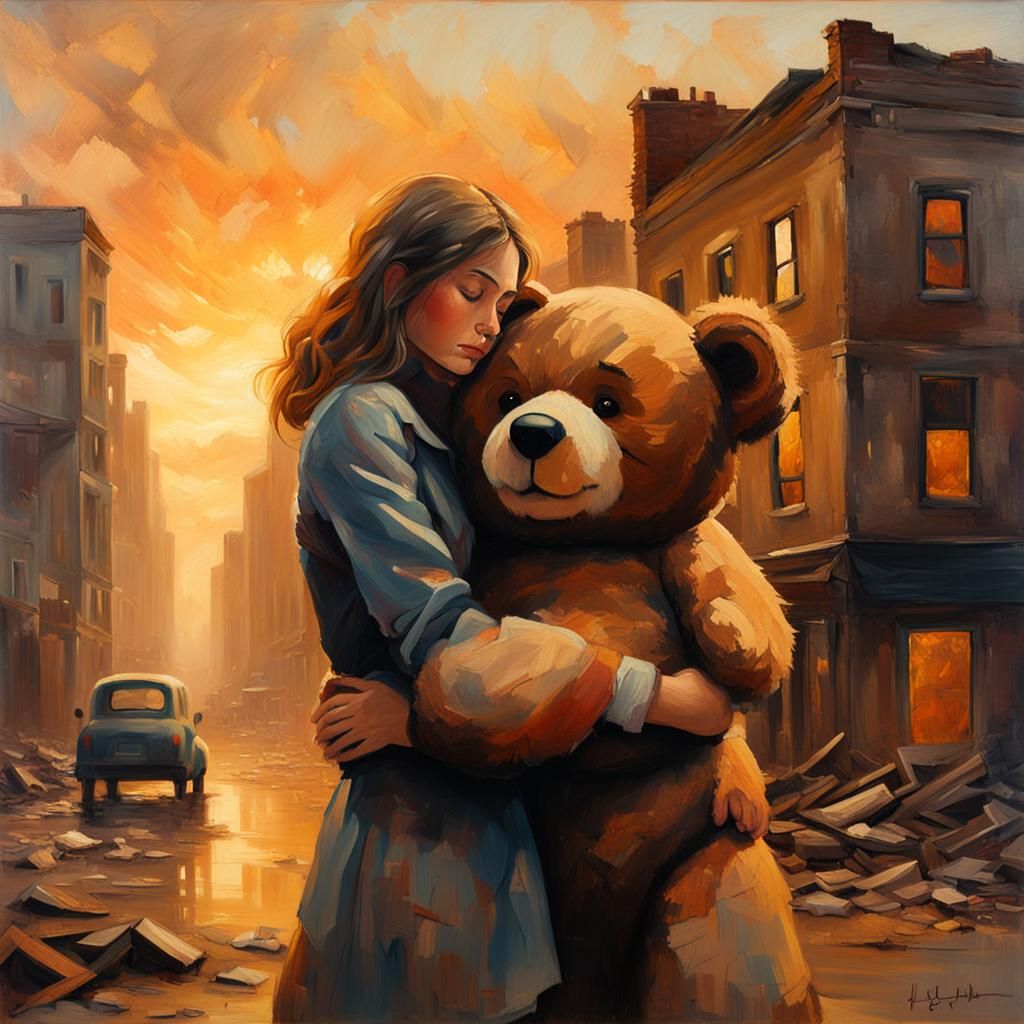 Woman and Teddy Bear in Ruined Cityscape