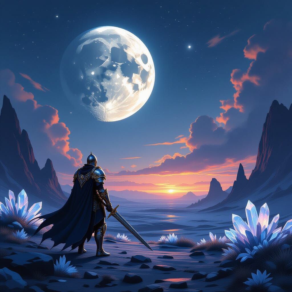 Knight Gazes at Shattered Moon on Alien World