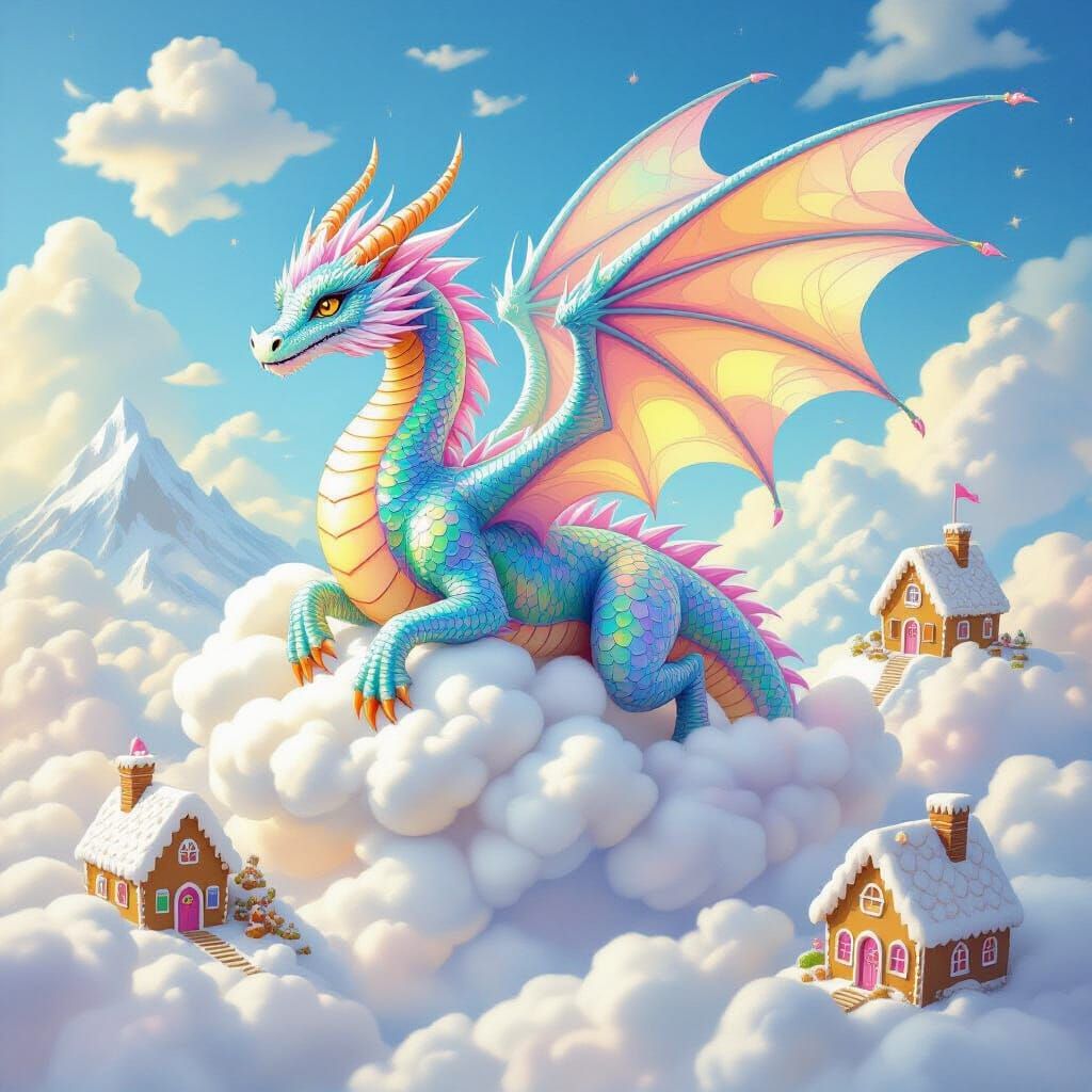 Dragon of Candy and Sugar Soars Through Marshmallow Sky