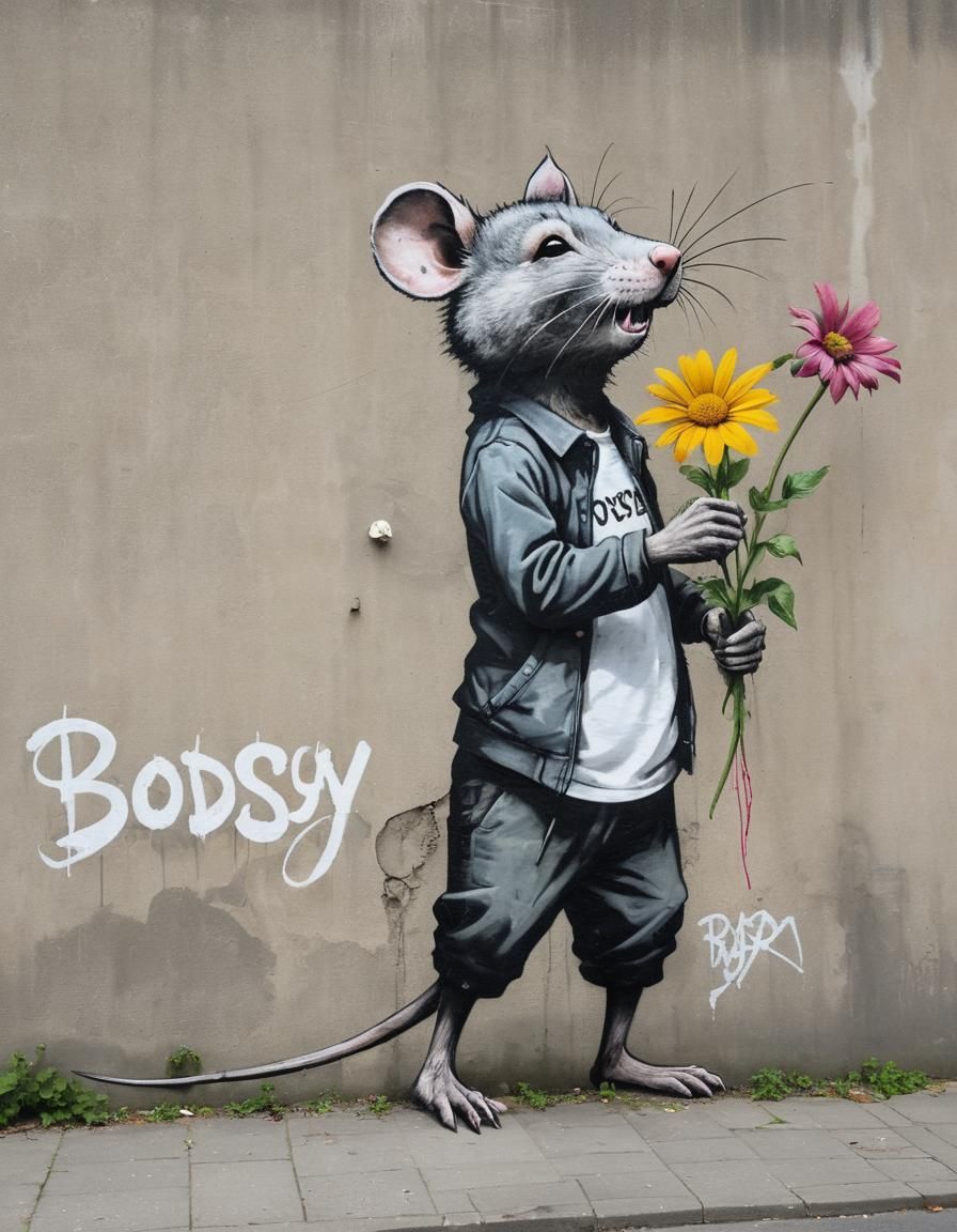 Banksy Style Street Art with Flower and Rat