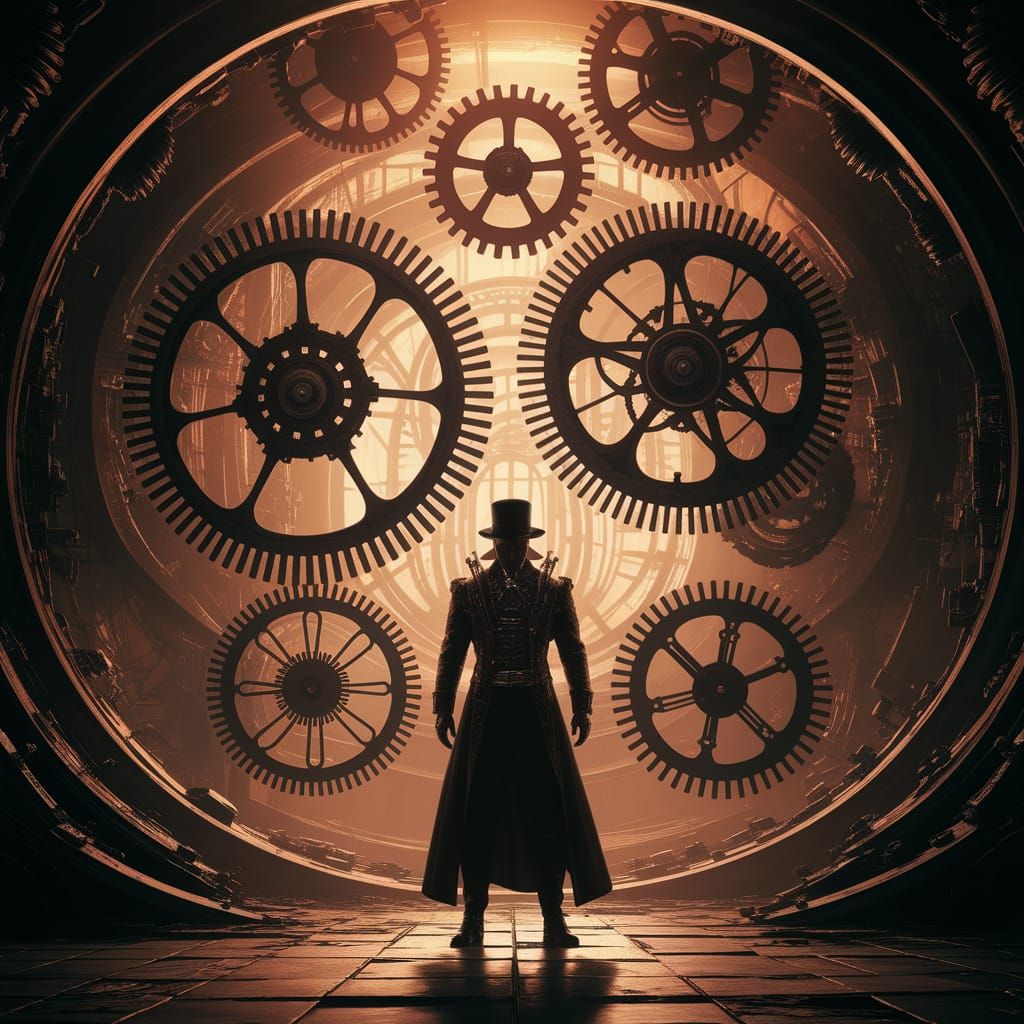 Steampunk Matrix: Clockwork Gears & Futuristic Figure
