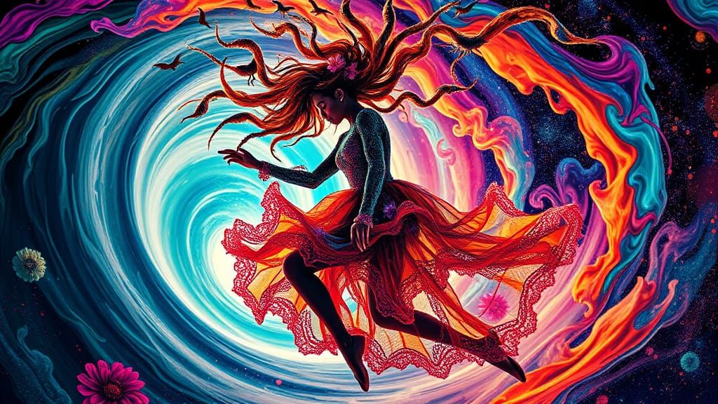 Psychedelic Dancer with Flowing Ink and Braids