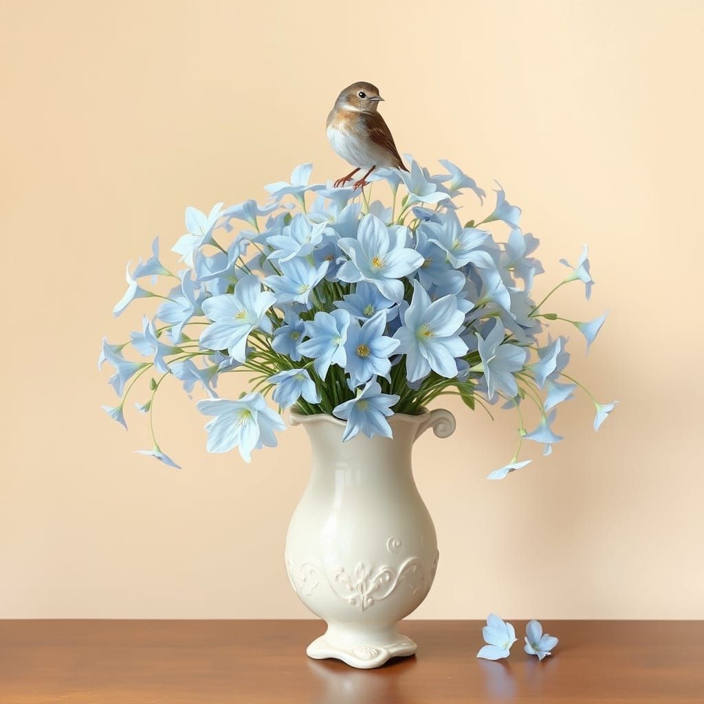 Delicate Still Life of Pale Blue Flowers and Bird in Vintage...