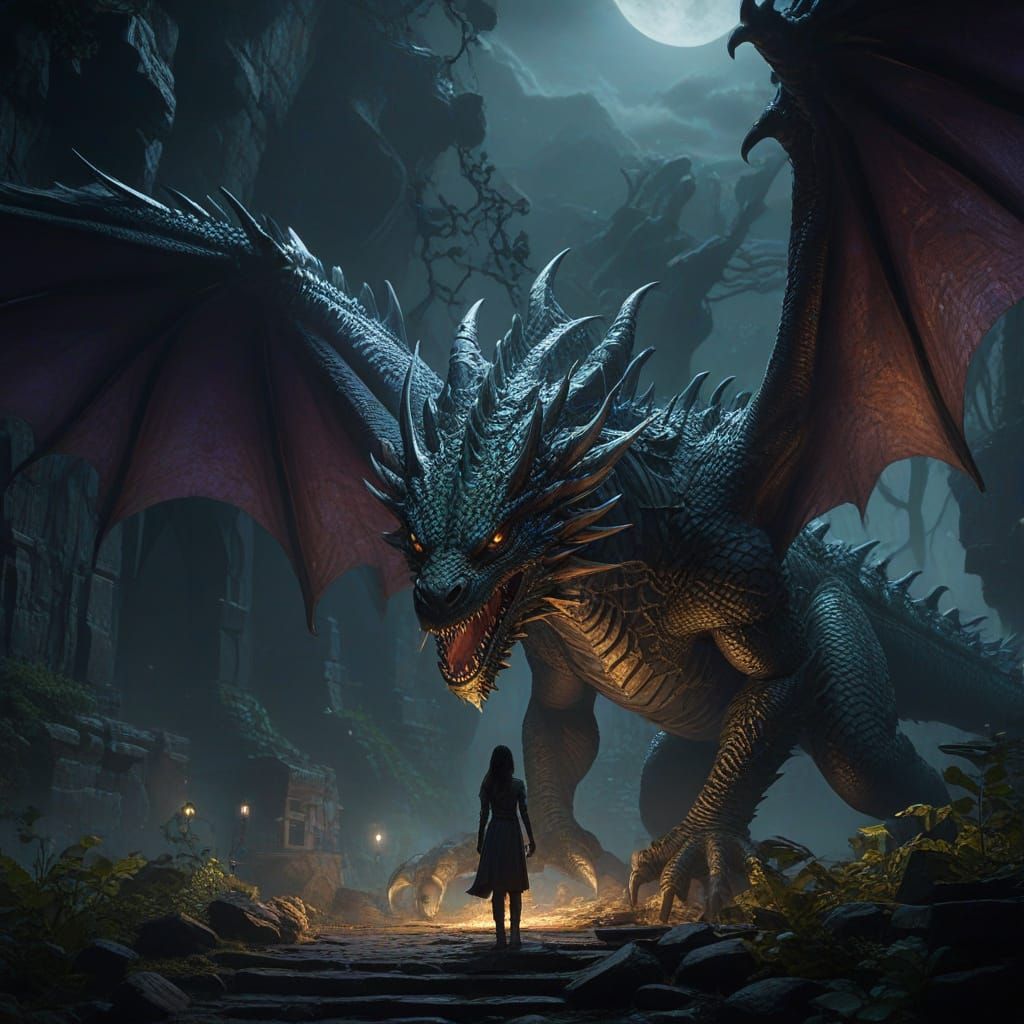 Girl and Dragon Under Moonlit Skies
