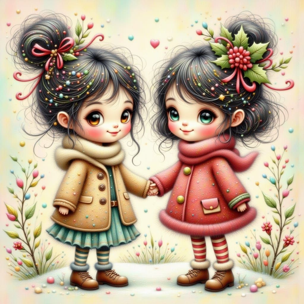 Two Adorable Girls in Winter Clothing with Festive Accessori...