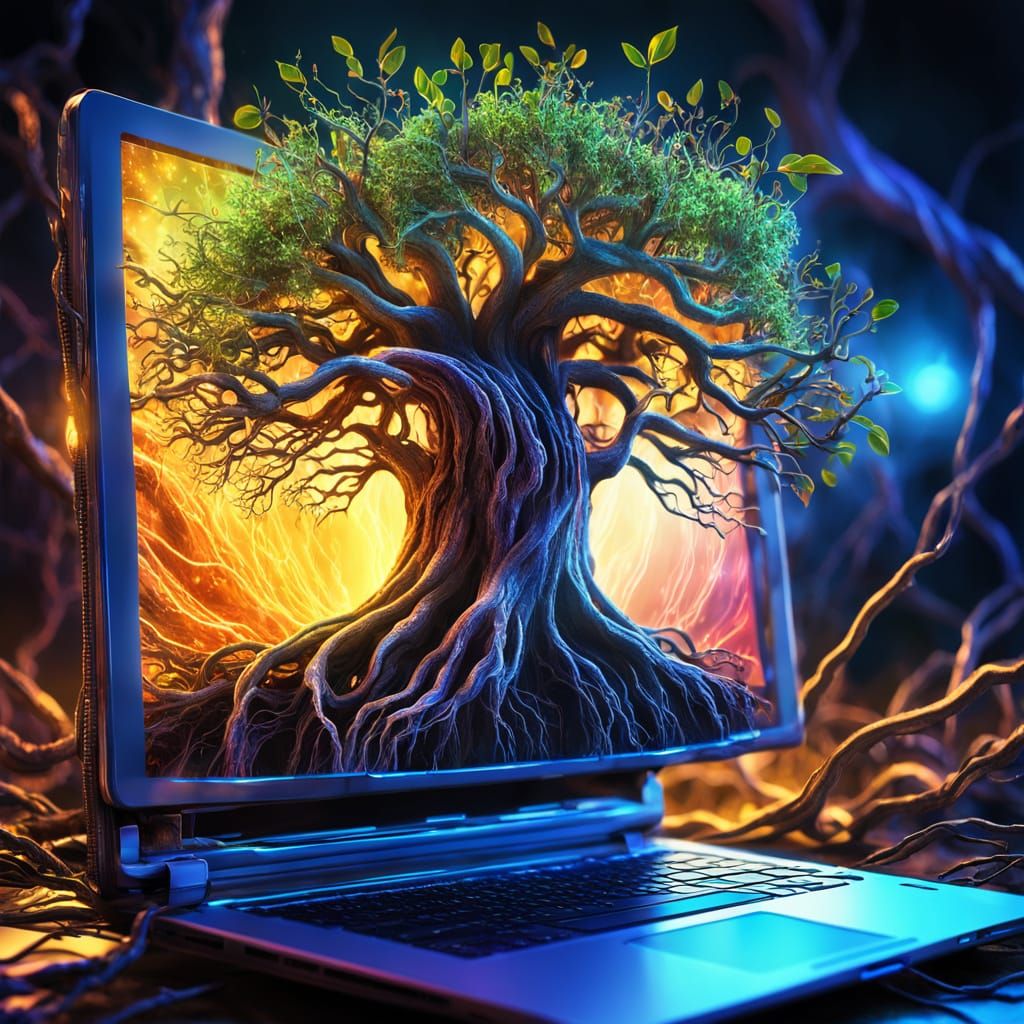 Surreal Tree Grows from Futuristic Laptop, Digital Art